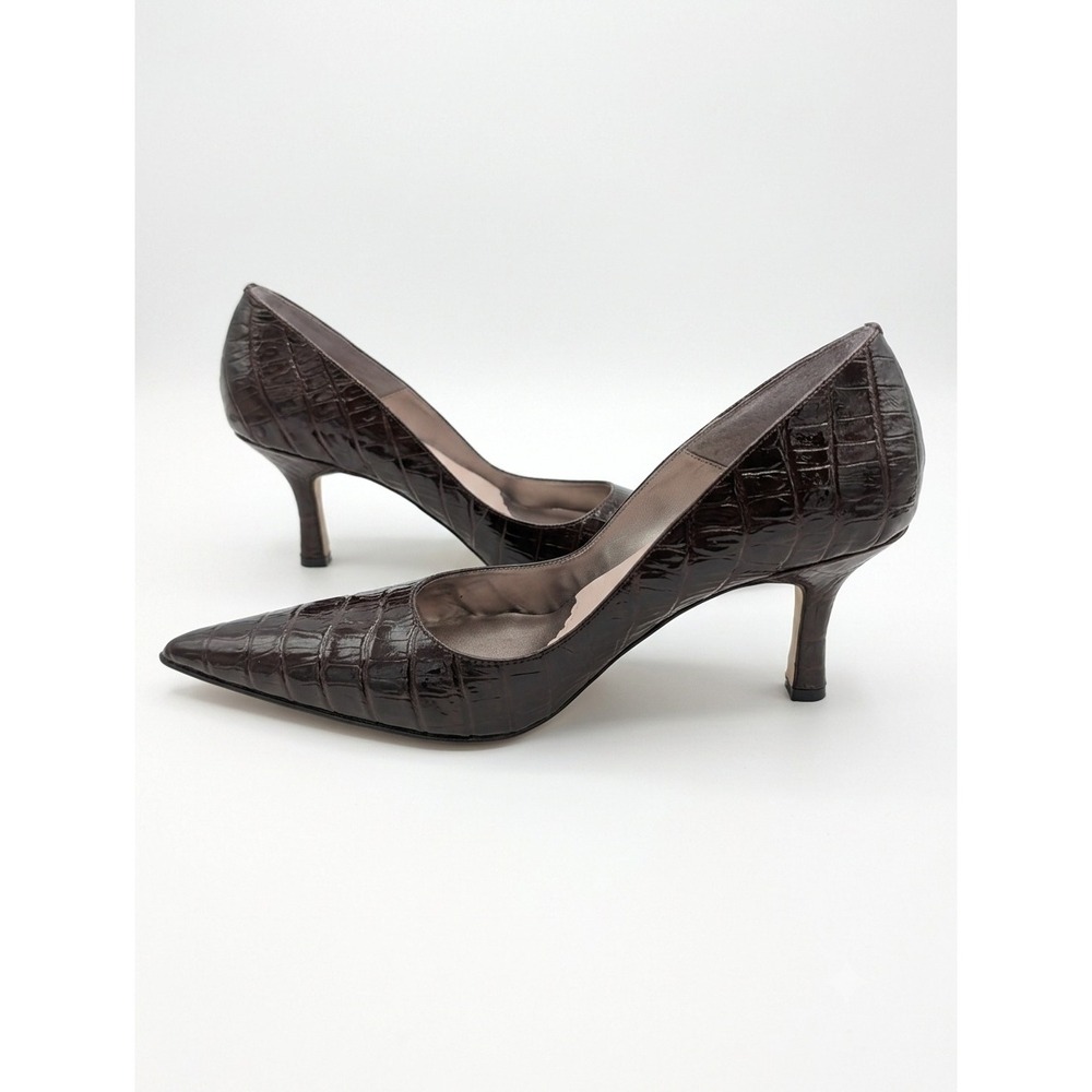 Y2K BP. Melrose Brown Croc Embossed Leather Pointed Toe Kitten Heels - Picture 3 of 9